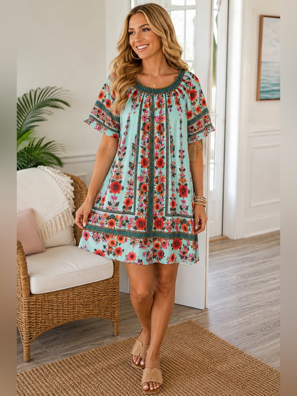 Blu Heaven Floral Boho Shift Dress Aqua Bell Sleeve Size M NWT